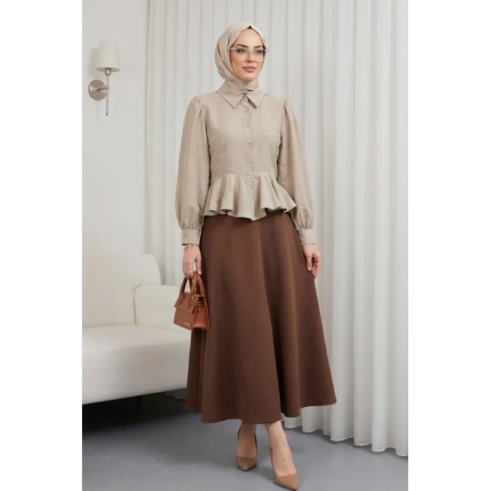 Taşlı Düğmeli Volan Detaylı Modal Gömlek Bluz -Bej