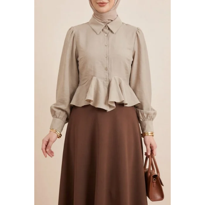 Taşlı Düğmeli Volan Detaylı Modal Gömlek Bluz -Bej