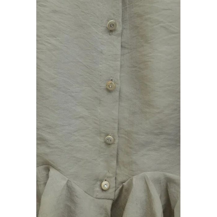 Taşlı Düğmeli Volan Detaylı Modal Gömlek Bluz -Bej