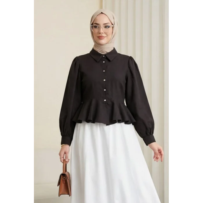 Taşlı Düğmeli Volan Detaylı Modal Gömlek Bluz -K. Kahve