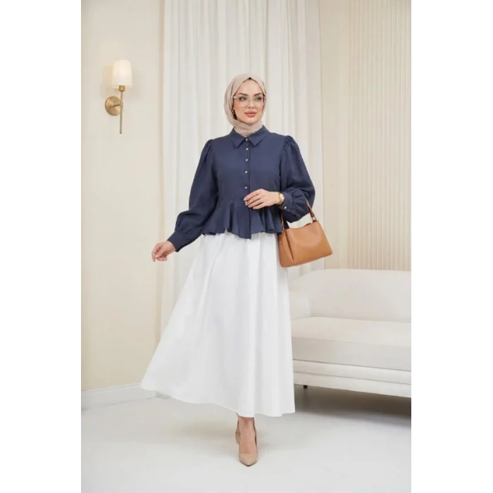 Taşlı Düğmeli Volan Detaylı Modal Gömlek Bluz -Laci