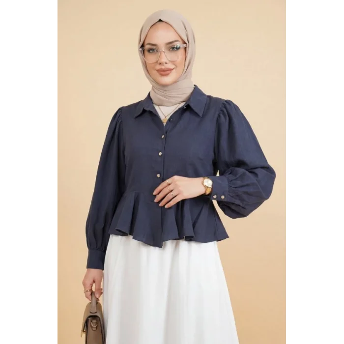 Taşlı Düğmeli Volan Detaylı Modal Gömlek Bluz -Laci