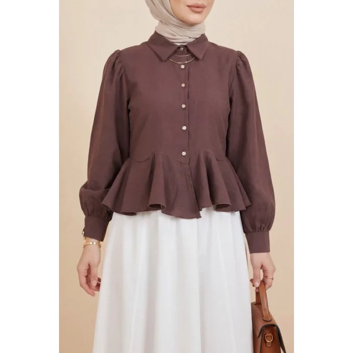 Taşlı Düğmeli Volan Detaylı Modal Gömlek Bluz -Mürdüm