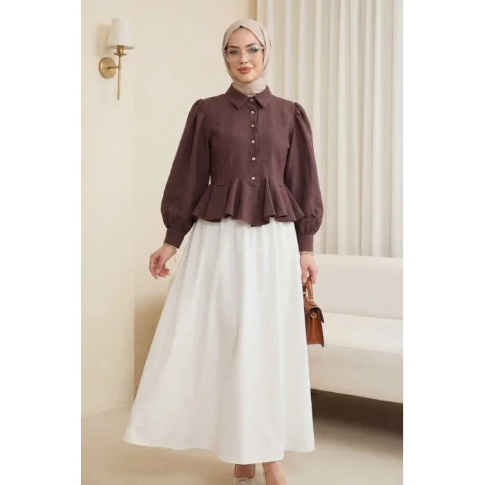 Taşlı Düğmeli Volan Detaylı Modal Gömlek Bluz -Mürdüm