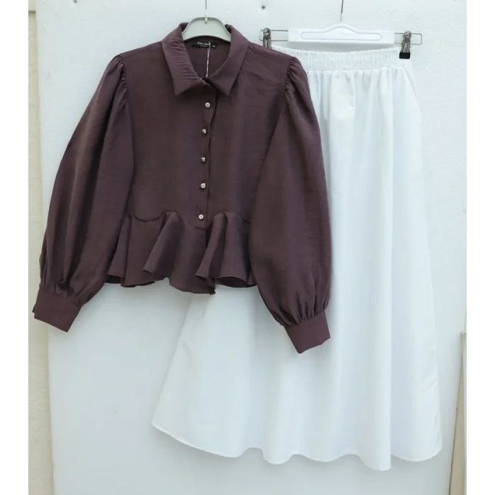 Taşlı Düğmeli Volan Detaylı Modal Gömlek Bluz -Mürdüm