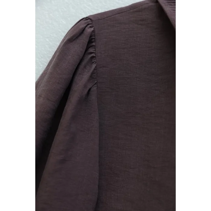 Taşlı Düğmeli Volan Detaylı Modal Gömlek Bluz -Mürdüm