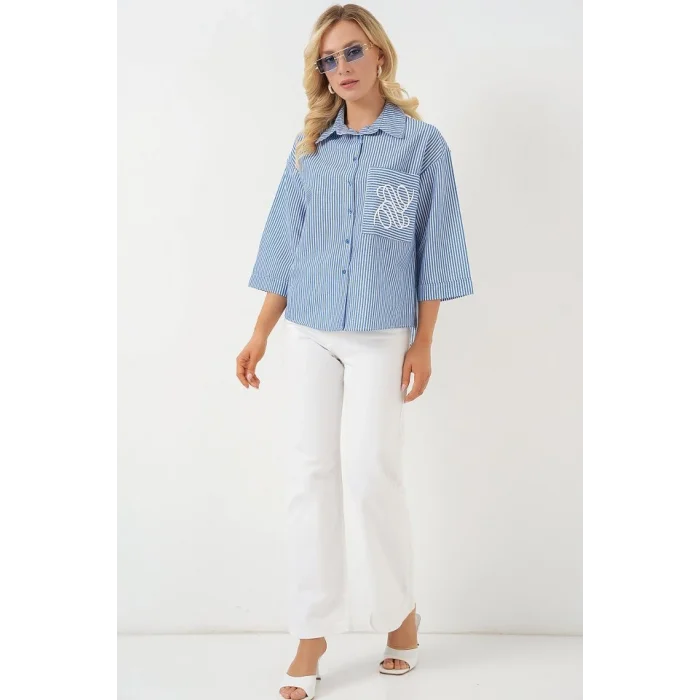 Tek Cep Nakışlı Gömlek 20328 - Lacivert