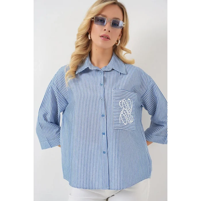 Tek Cep Nakışlı Gömlek 20328 - Lacivert