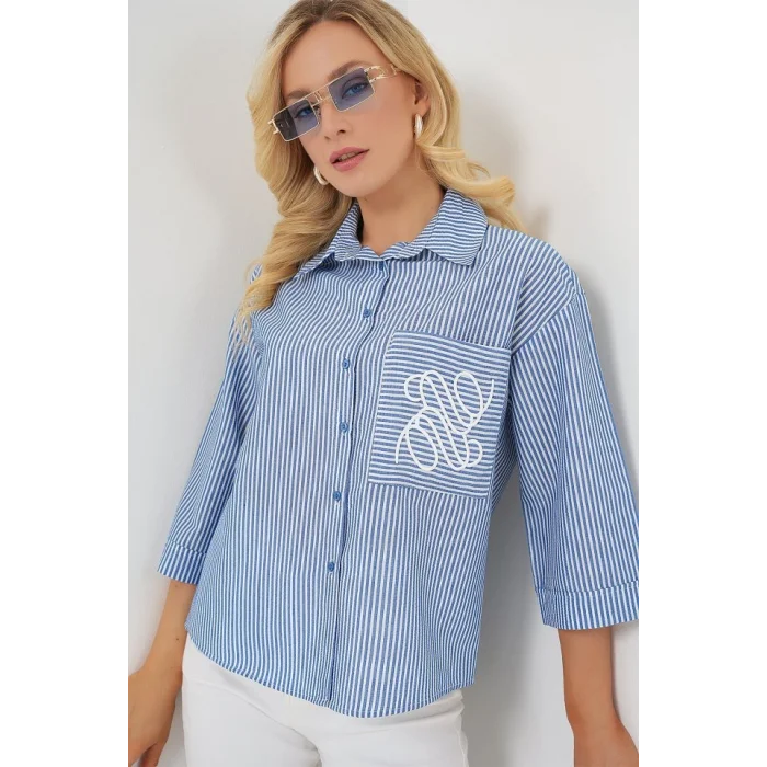 Tek Cep Nakışlı Gömlek 20328 - Lacivert