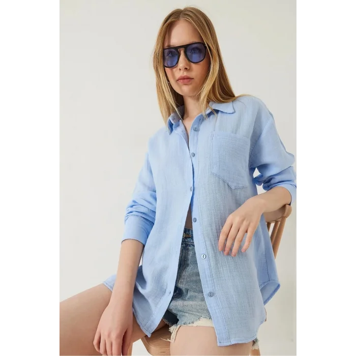 Tek cepli müslin gömlek mavi pt