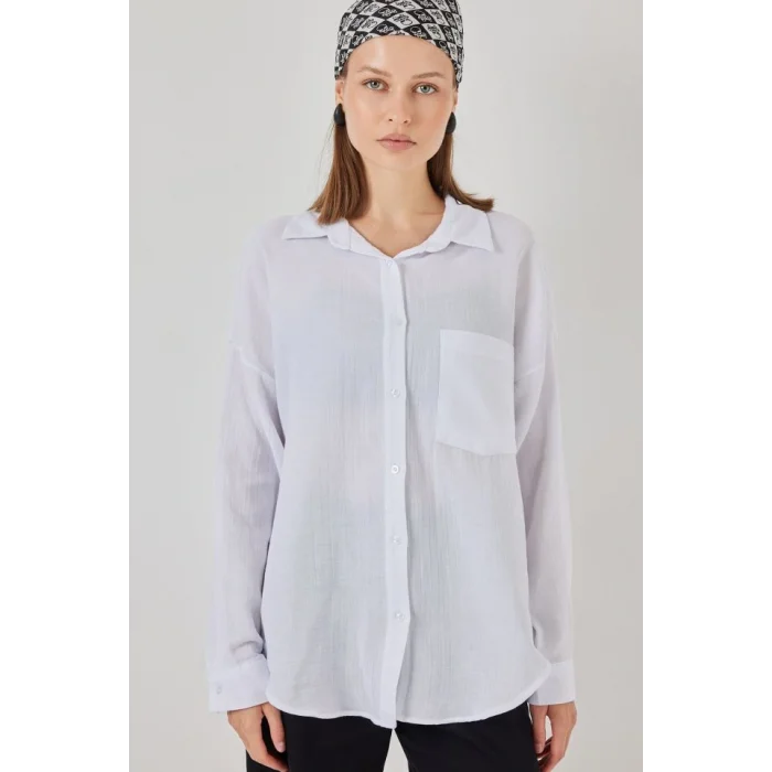 Tek Cepli Oversize Müslin Gömlek 20353 - Beyaz
