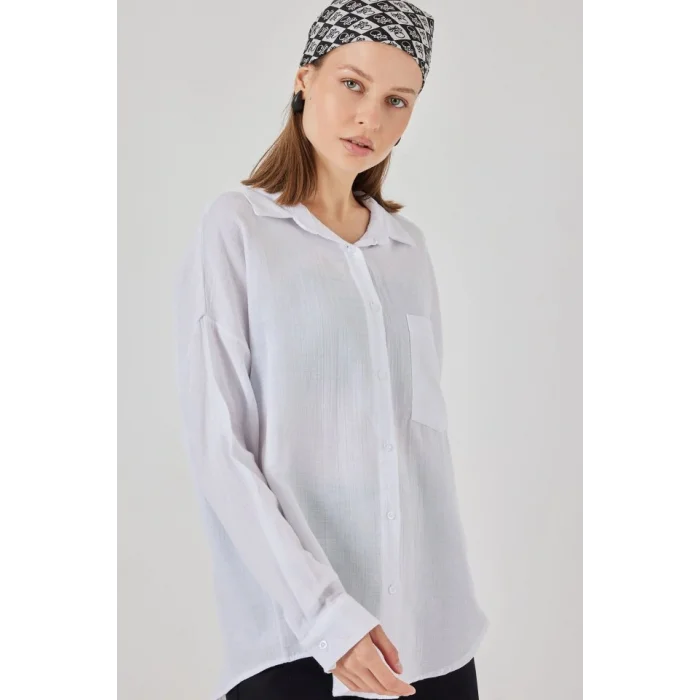 Tek Cepli Oversize Müslin Gömlek 20353 - Beyaz