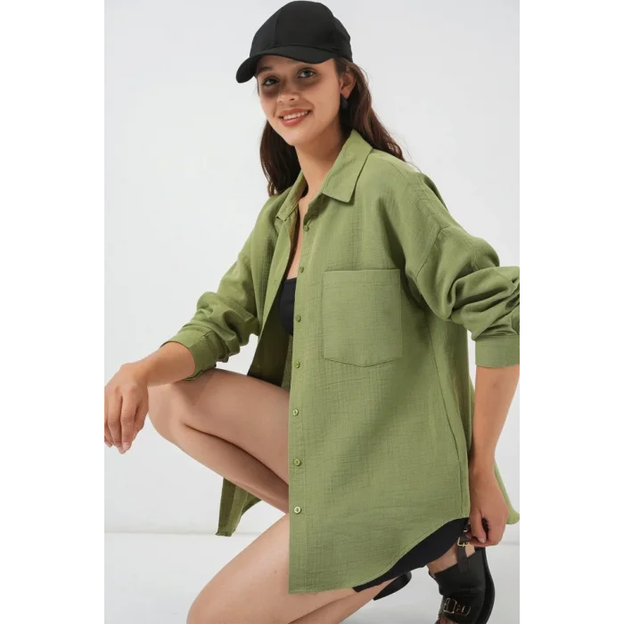 Tek Cepli Oversize Müslin Gömlek 20353 - Çağla
