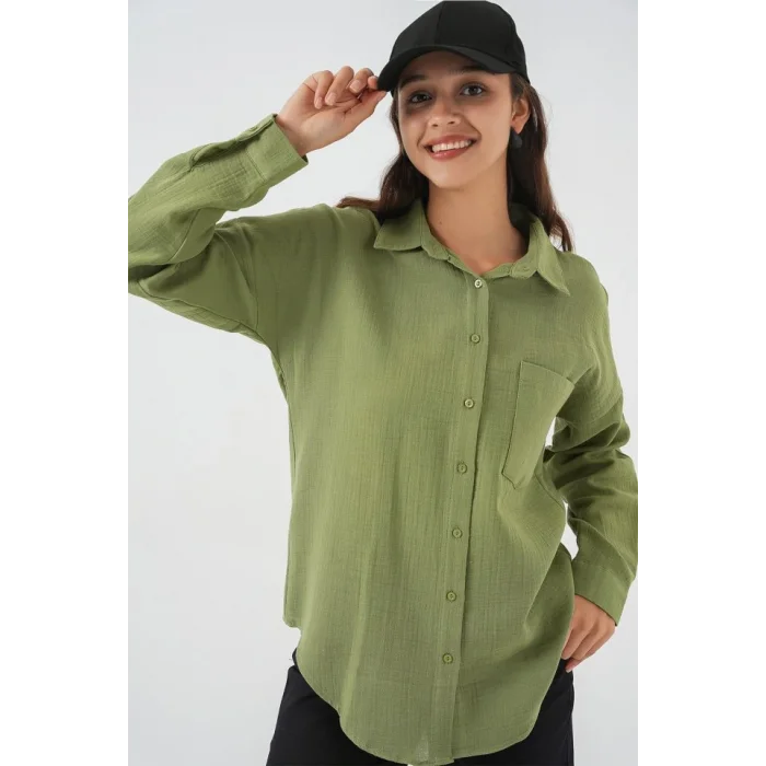 Tek Cepli Oversize Müslin Gömlek 20353 - Çağla
