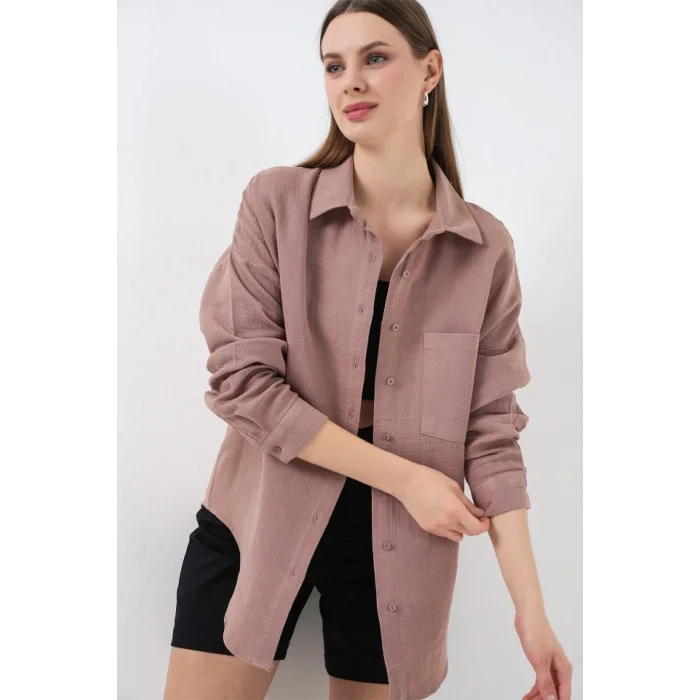 Tek Cepli Oversize Müslin Gömlek 20353 - Gül Kurusu