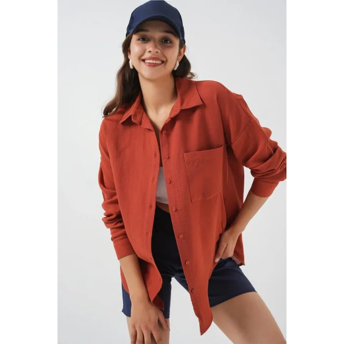 Tek Cepli Oversize Müslin Gömlek 20353 - Kiremit