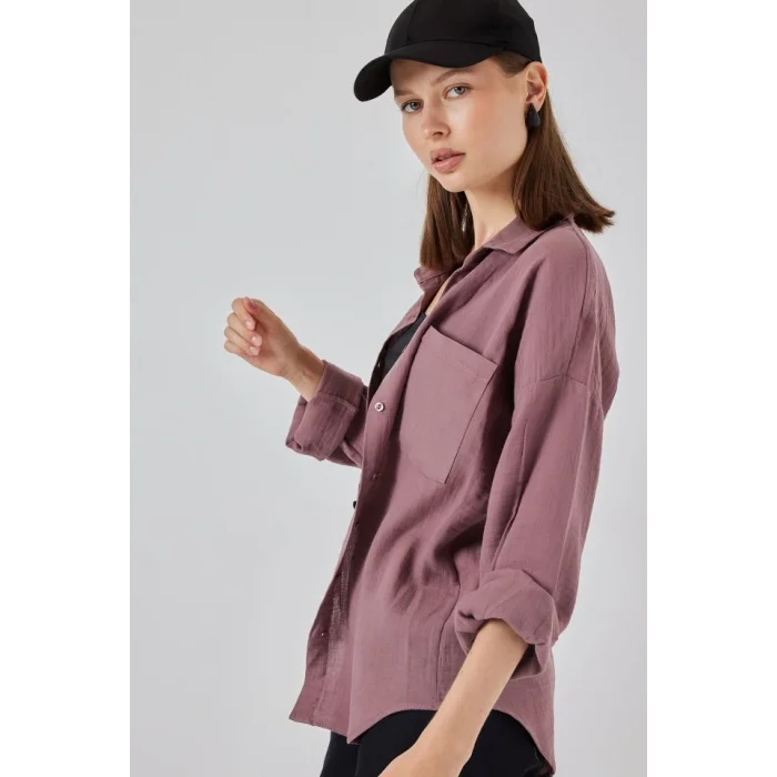 Tek Cepli Oversize Müslin Gömlek 20353 - Koyu Lila