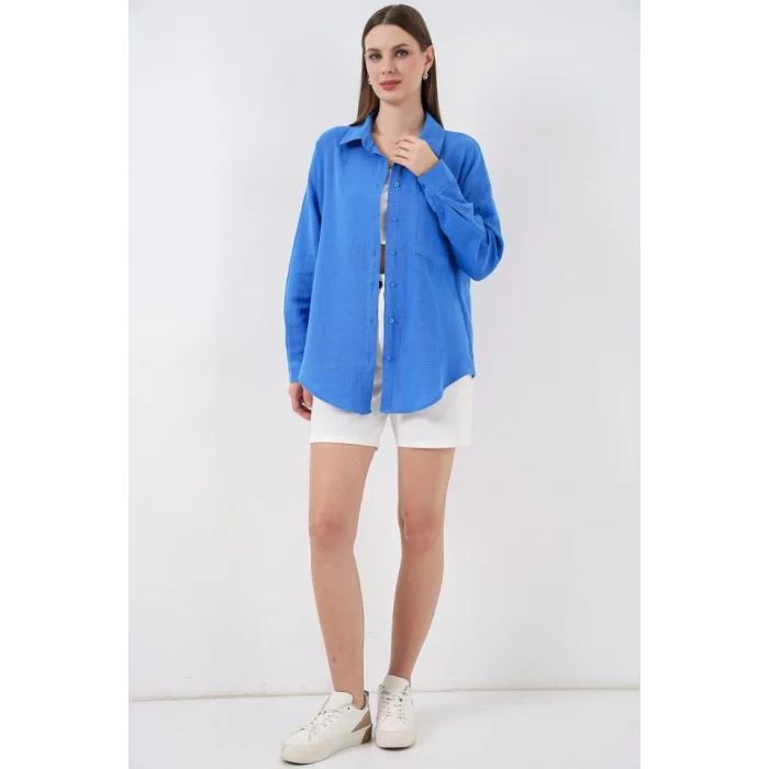 Tek Cepli Oversize Müslin Gömlek 20353 - Mavi