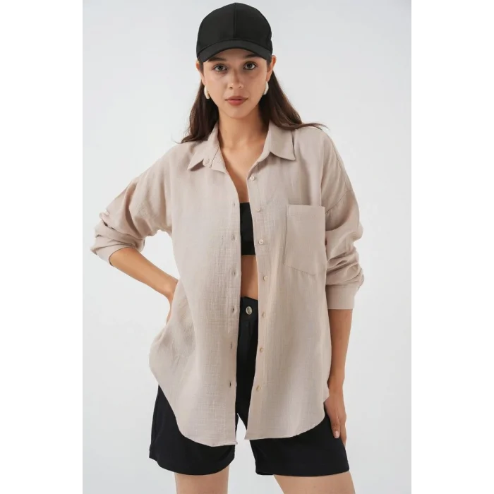 Tek Cepli Oversize Müslin Gömlek 20353 - Taş