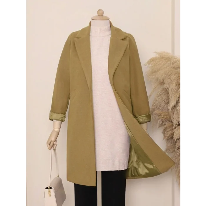 Tek Düğmeli Astarlı Kışlık Kaşe Kaban -Hardal