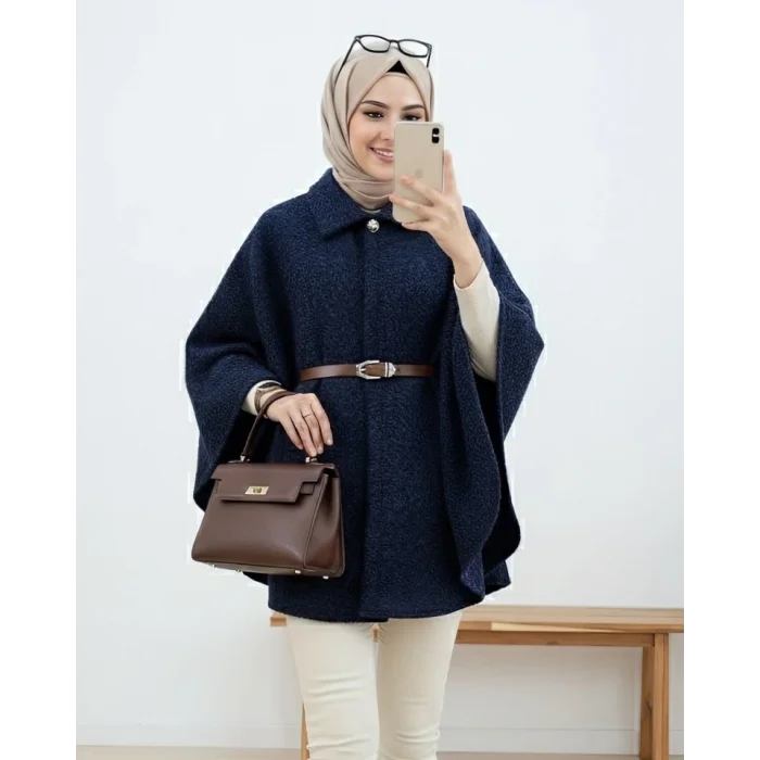 Tek Düğmeli  Beli Kemerli  Sakallı Panço  -Laci