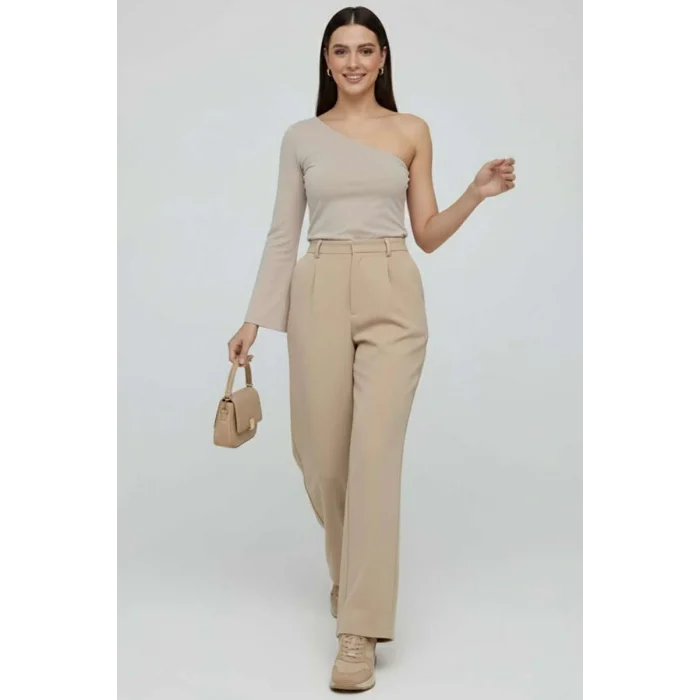 Tek Omuzlu Basic Bluz Vizon T4275