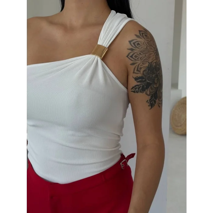 Tek omuzlu Otoman kumaş gold metal detaylı bluz s2311