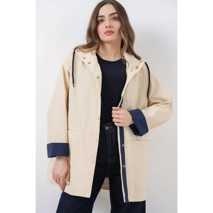 Teknik Kumaş Kapüşonlu Trençkot 5972 - Ekru