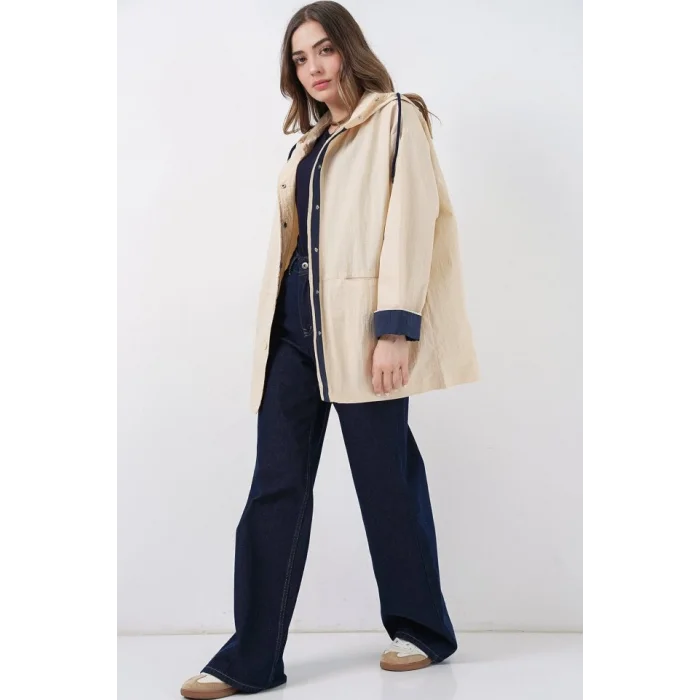 Teknik Kumaş Kapüşonlu Trençkot 5972 - Ekru