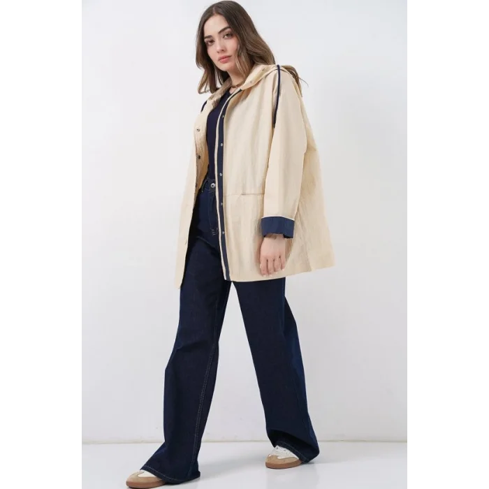 Teknik Kumaş Kapüşonlu Trençkot 5972 - Ekru