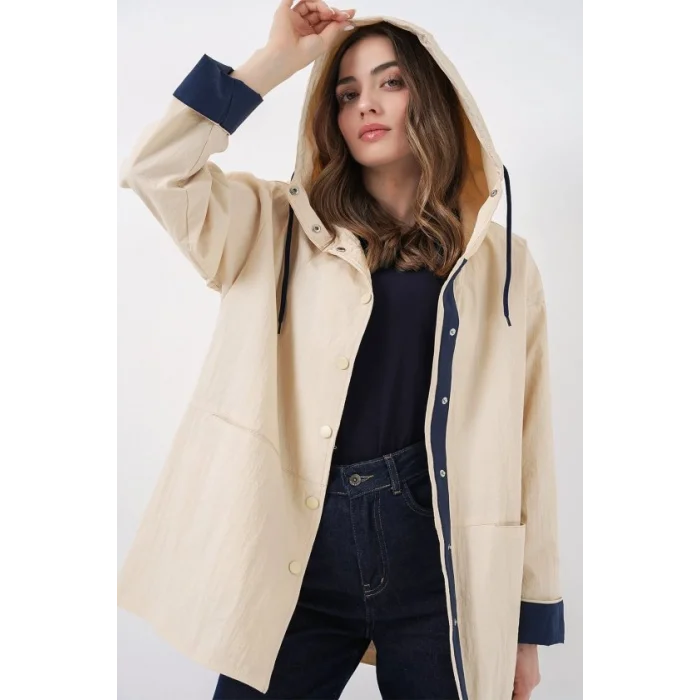 Teknik Kumaş Kapüşonlu Trençkot 5972 - Ekru