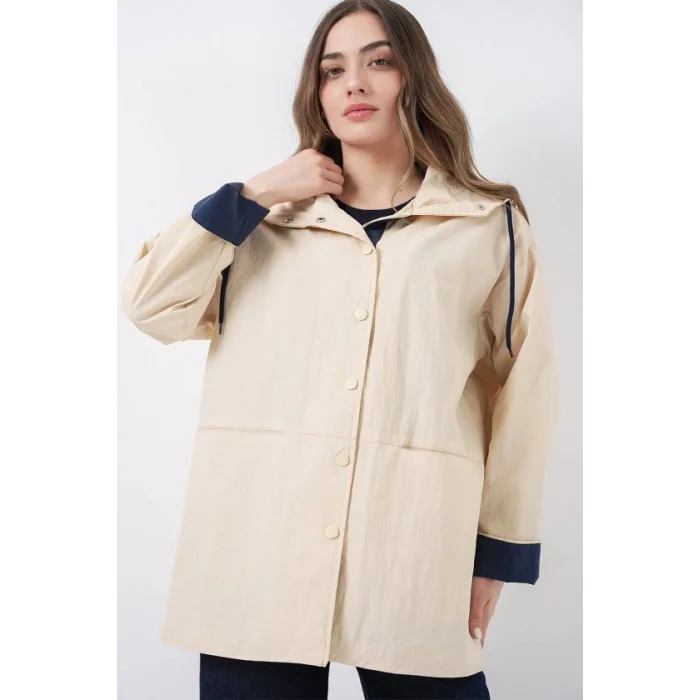 Teknik Kumaş Kapüşonlu Trençkot 5972 - Ekru