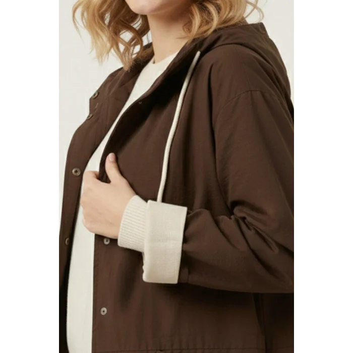 Teknik Kumaş Kapüşonlu Trençkot 5972 - Kahverengi