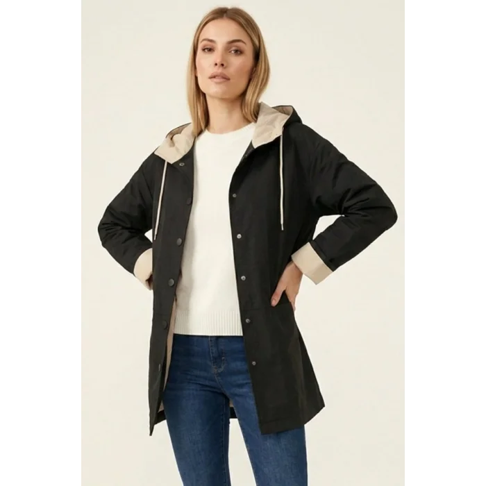 Teknik Kumaş Kapüşonlu Trençkot 5972 - Siyah