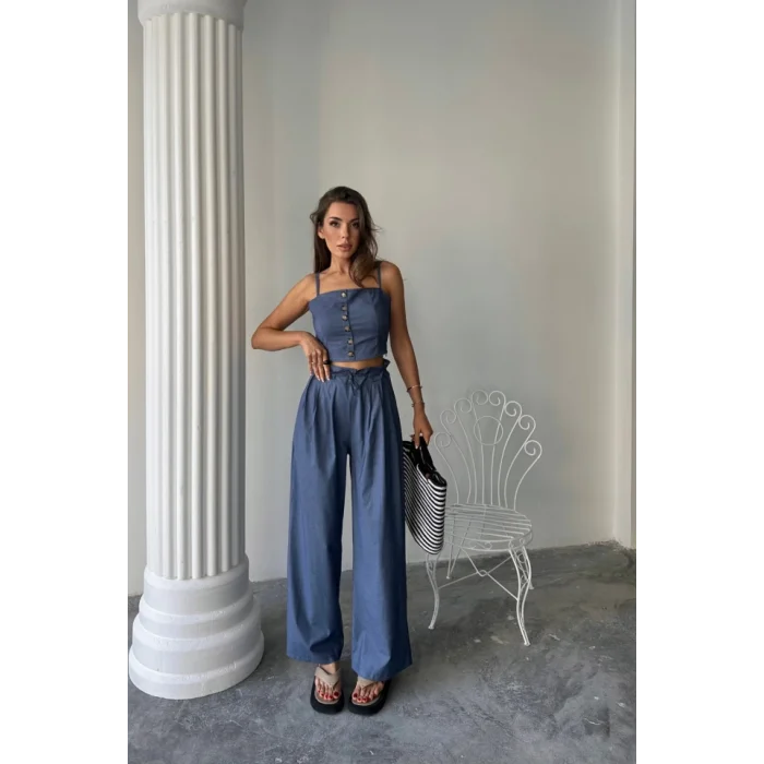 TENCEL CROP ASKILI BLUZ - ŞALVAR PANTOLON TK - İndigo