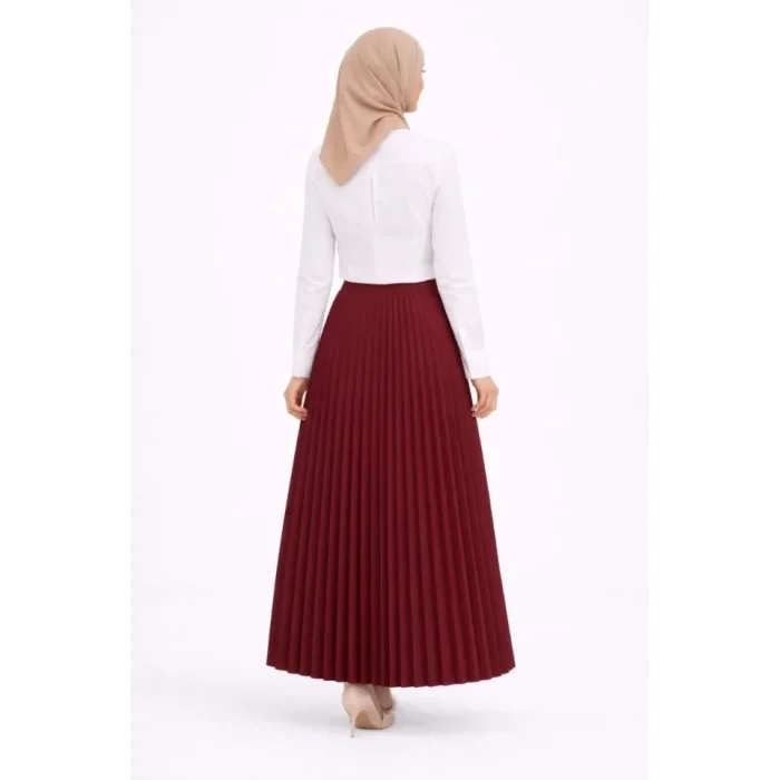 Tesettür Beyaz Gömlekli Pliseli Etek İkili Takım Gündelik Ve Ofis Şıklığı - Bordo