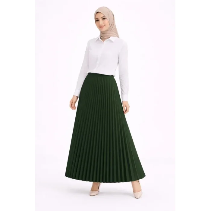 Tesettür Beyaz Gömlekli Pliseli Etek İkili Takım Gündelik Ve Ofis Şıklığı - Çağla Yeşili