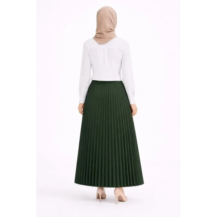 Tesettür Beyaz Gömlekli Pliseli Etek İkili Takım Gündelik Ve Ofis Şıklığı - Çağla Yeşili