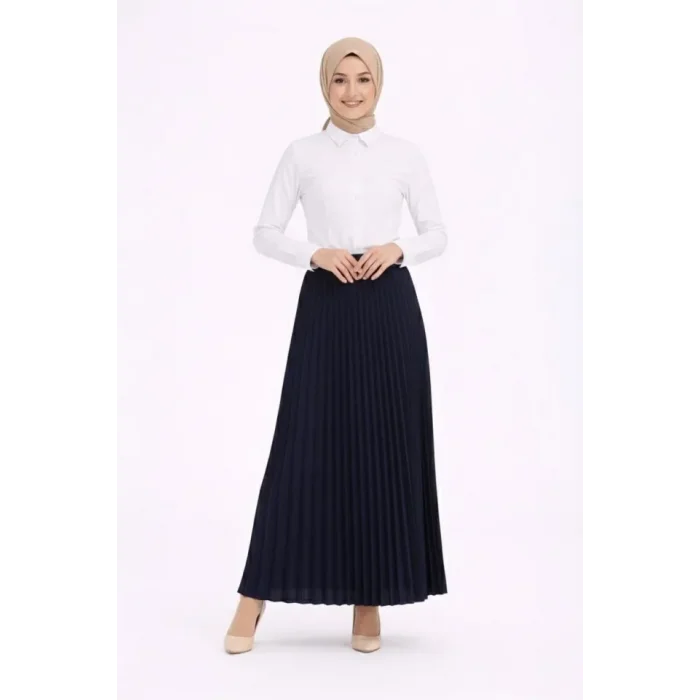 Tesettür Beyaz Gömlekli Pliseli Etek İkili Takım Gündelik Ve Ofis Şıklığı - Lacivert