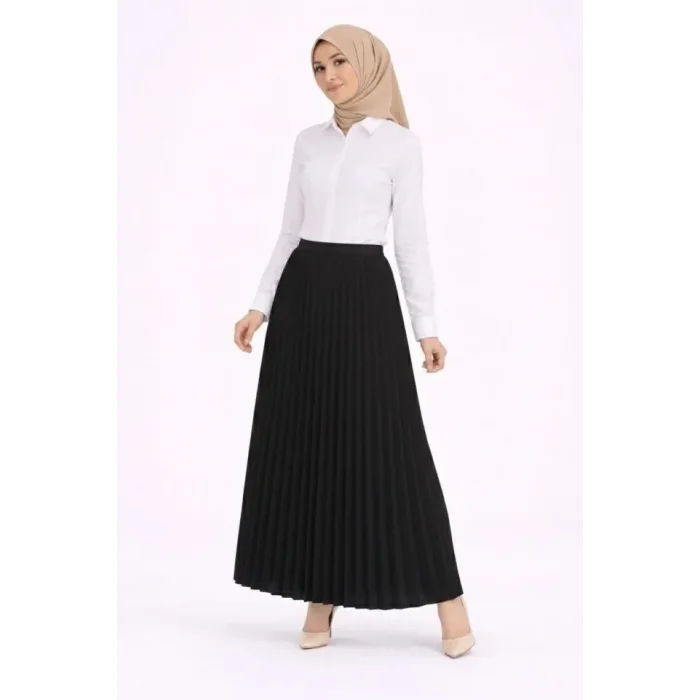 Tesettür Beyaz Gömlekli Pliseli Etek İkili Takım Gündelik Ve Ofis Şıklığı - Siyah