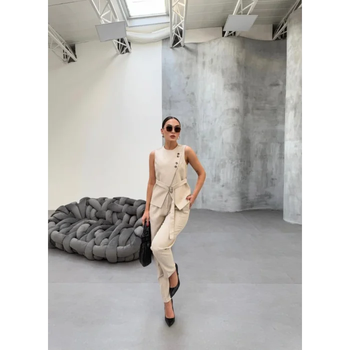 Ti̇na Asi̇metri̇k Keten Yelek Pantolon Takim