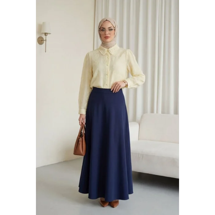 Top Düğmeli Yakası Dantelli Desenli Jakar Gömlek -Bej