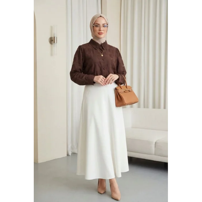 Top Düğmeli Yakası Dantelli Desenli Jakar Gömlek -Kahve