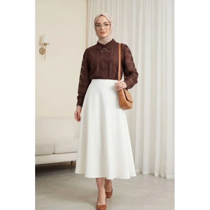 Top Düğmeli Yakası Dantelli Desenli Jakar Gömlek -Kahve