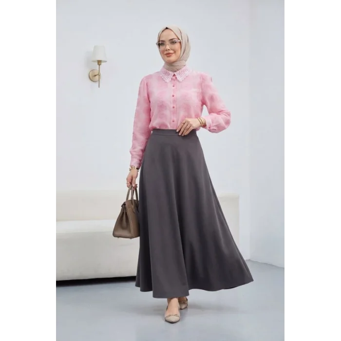 Top Düğmeli Yakası Dantelli Desenli Jakar Gömlek -Pembe