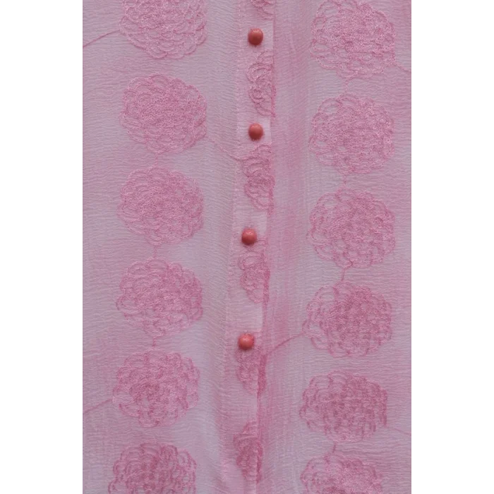 Top Düğmeli Yakası Dantelli Desenli Jakar Gömlek -Pembe