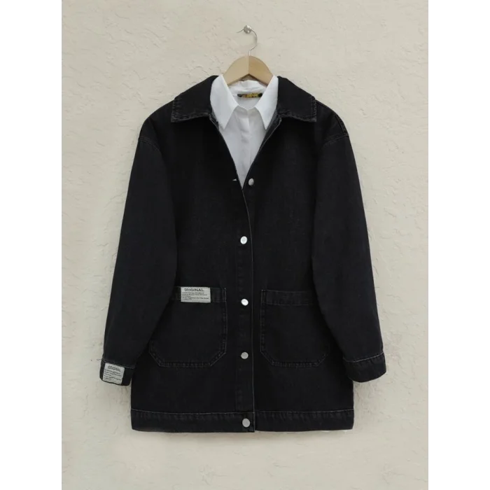 Torba Cepli Düğmeli Kot Ceket -Siyah