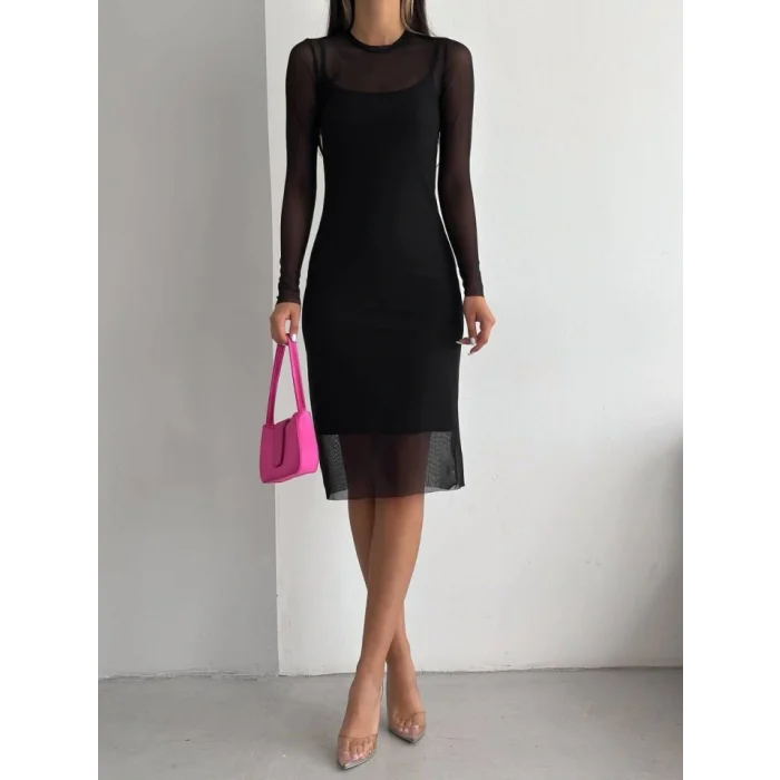 Tül Elbise Atlet  Takım -Siyah