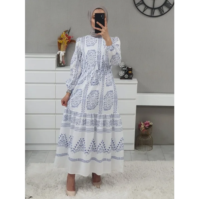 Tünel Bağcıklı Uzun Elbise -Beyaz