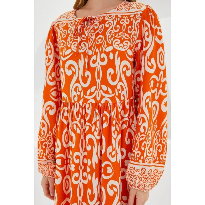 Turuncu Ekru Desenli Uzun Viskon Elbise 1947
